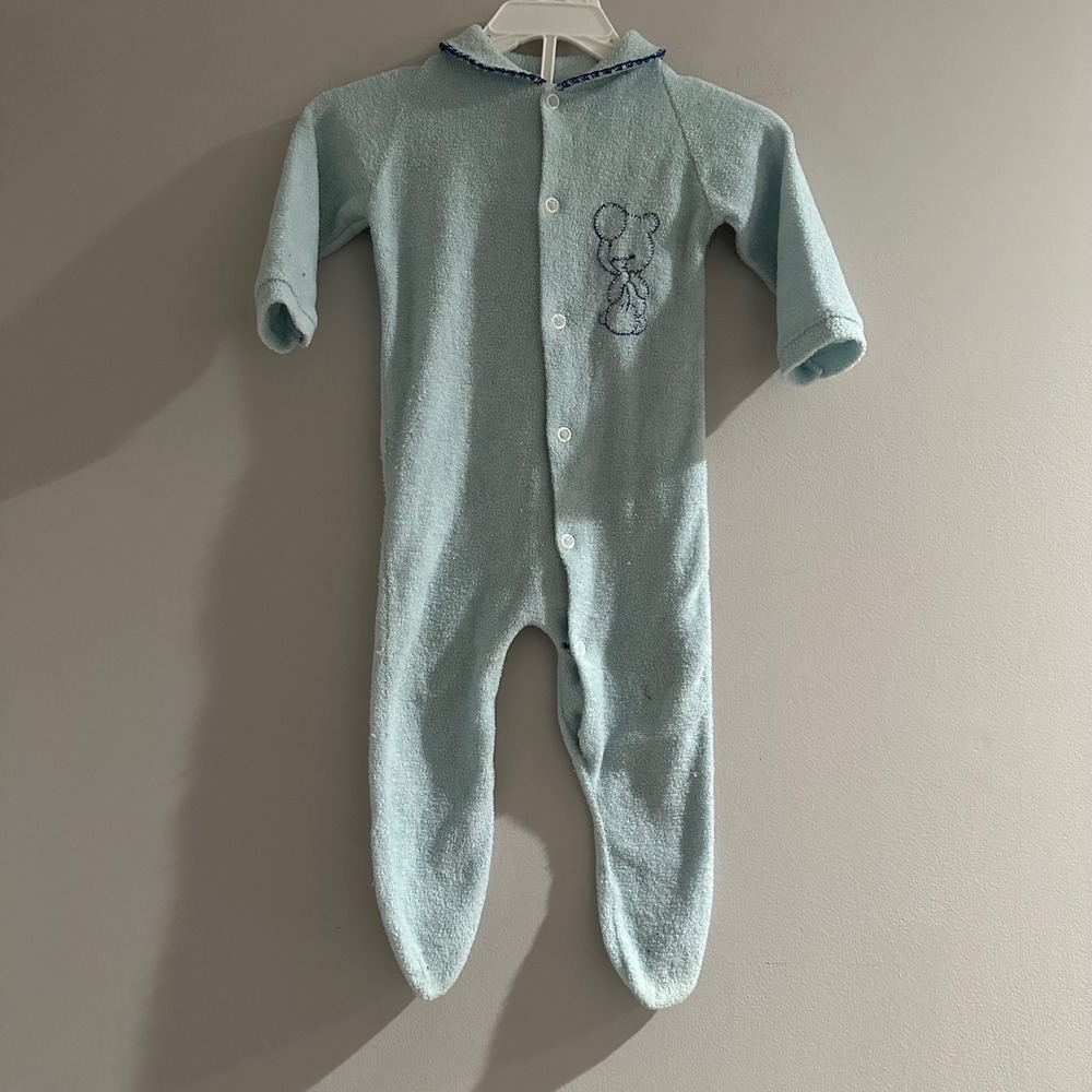 Vintage Babycrests Baby Blue Terry Cloth Footie Pajamas Teddy Bear 11-18 lbs